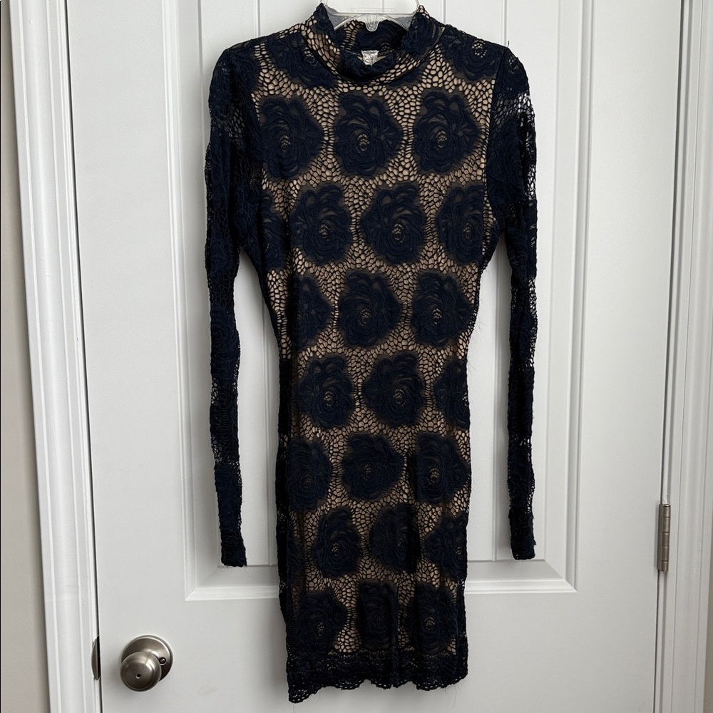 Navy and Beige Lace Long Sleeve Dress